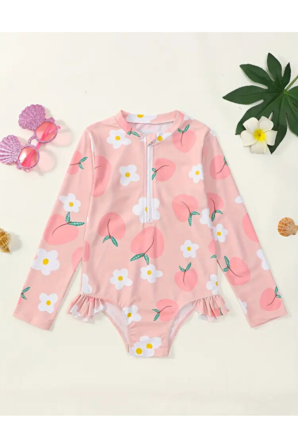MODA Bebek Pembe Şeftali ve Çiçek Desenli Uzun Kollu Fırfırlı Mayo – Yazlık Deniz ve Havuz Giyim