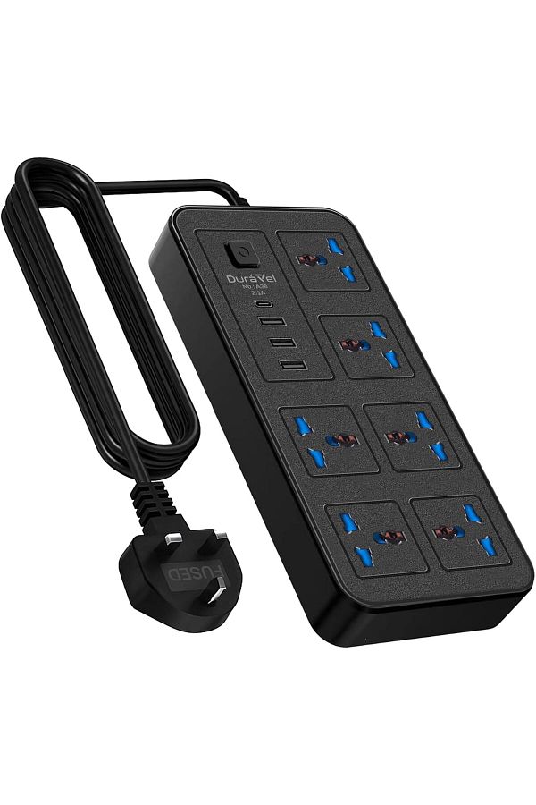Duravel-Universal Extension Lead/Cord with Multiple Functions, UK 3-Pin Plug Socket with 6 Outlets | 1