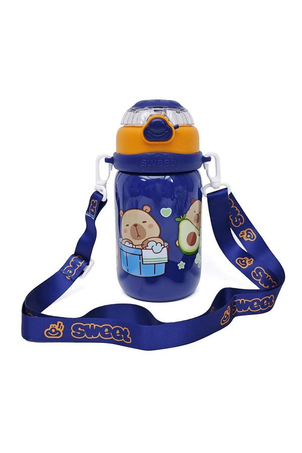 B4U-Kindergarten children's water bottle, bottle with pop-up flip-top lid with straw, with drawstring, navy blue 600 ml 8096 1