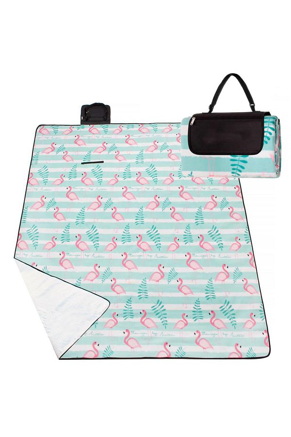 SERSIMO-Picnic or beach blanket, with insulating foil and handle, 200x200cm, flamingo, pink green 1