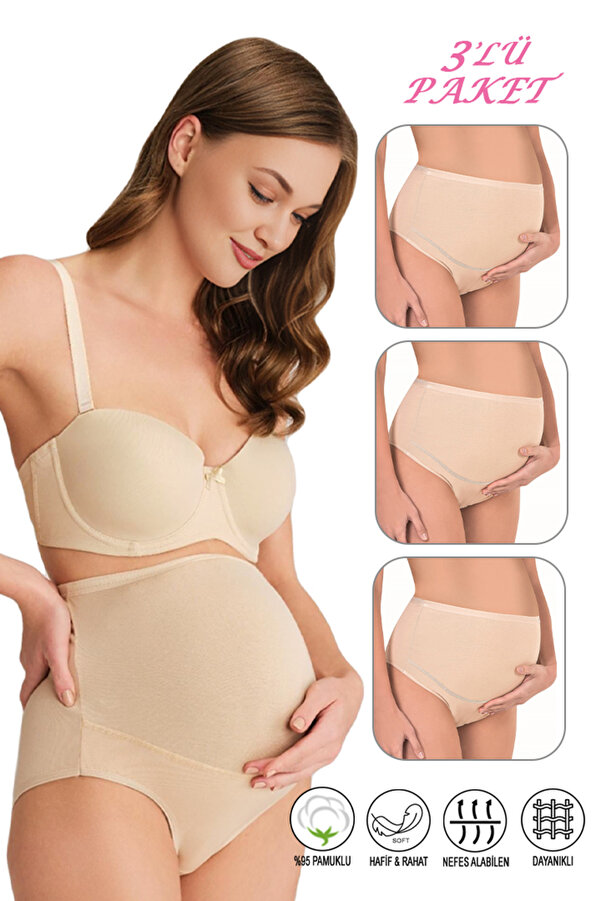 ÖZKAN underwear Özkan 23582 3'lü Paket Kadın Ten Rengi Pamuklu Likralı Süprem Hamile Lohusa Yüksek Bel Bato Külot