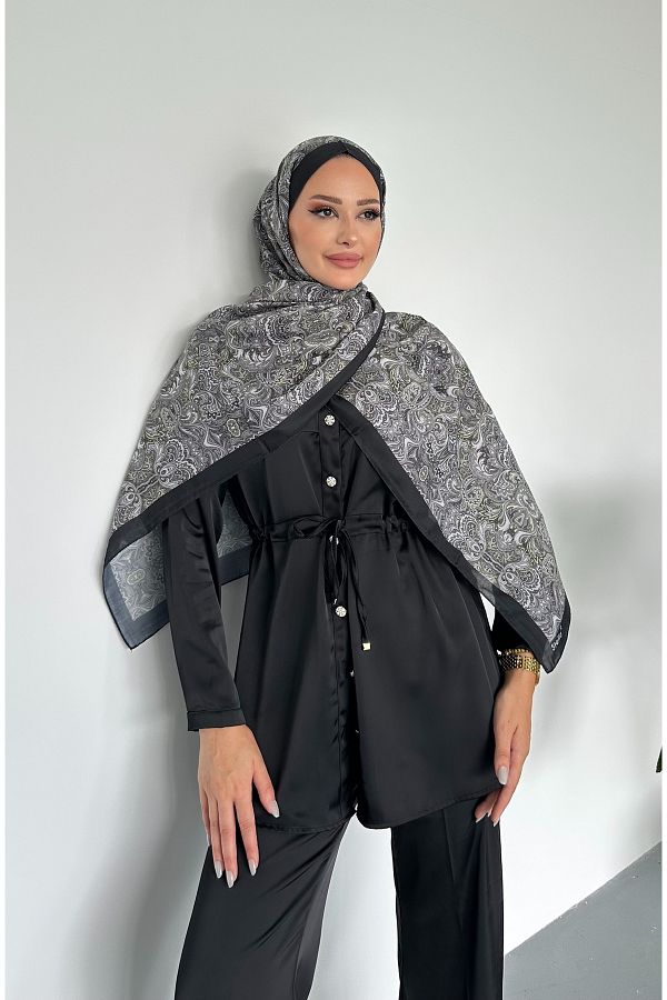 Stella Eşarp-Ethnic Retro Pattern Black Color Cotton Soft Shawl 1