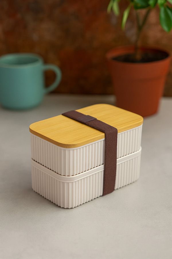 MAKRİ HOME-Set of 2 Storage Containers with Bamboo Lids – 0.5+0.5 Liters – Can Be Placed on Top of Each Other – 15X9X10 cm 1