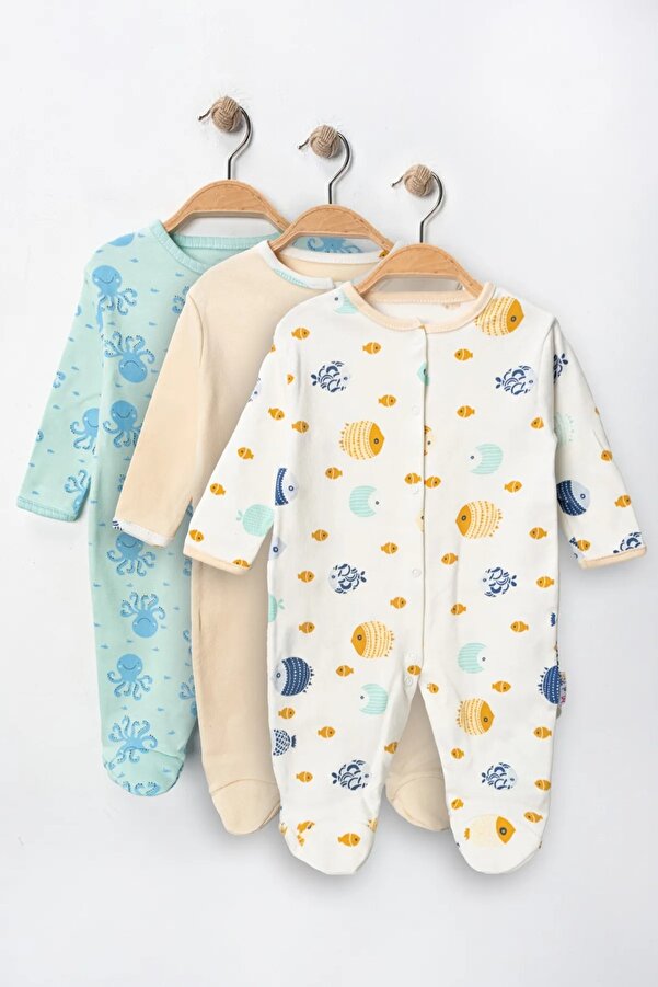 ENİA BABY Kız Erkek Bebek Baskılı Pamuklu Çıtçıtlı Patikli 3lü Yenidoğan Kıyafet Tulum Seti 3-6-9 Ay