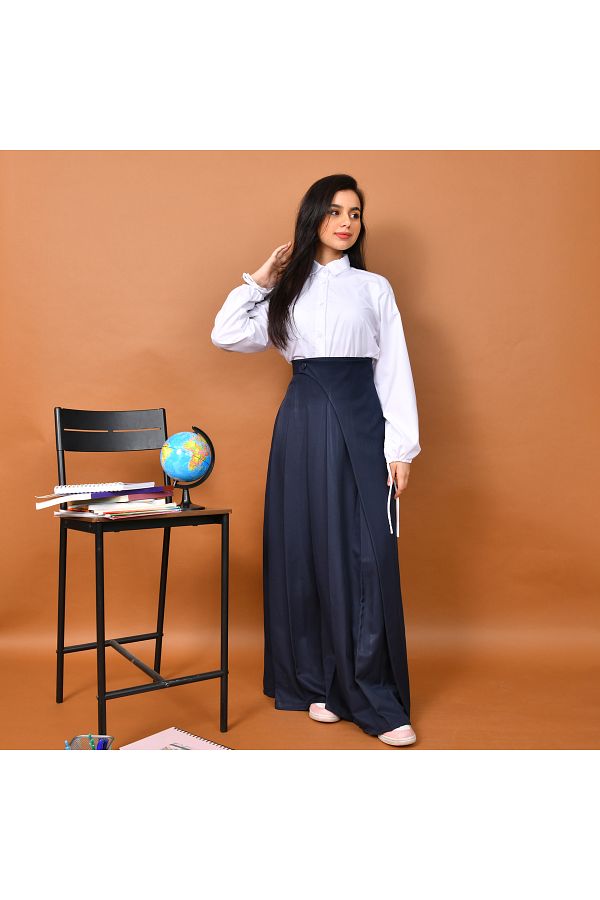 HAWRAA-A distinctively designed skirt with wide pleats and a side cut decorated with a button with hidden pockets (navy blue) 1