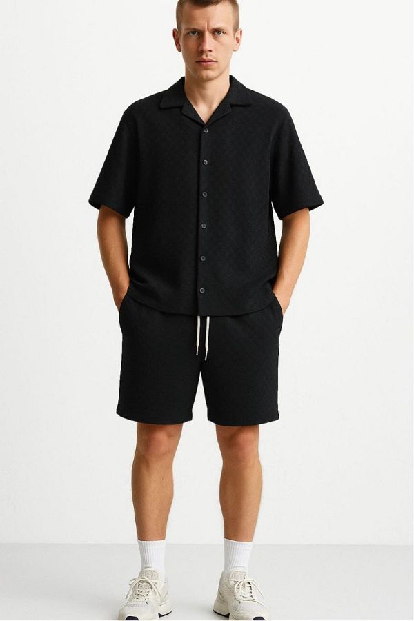 Twobucks-Jacquard Knitwear Black Men's Shirt and Shorts Set 1