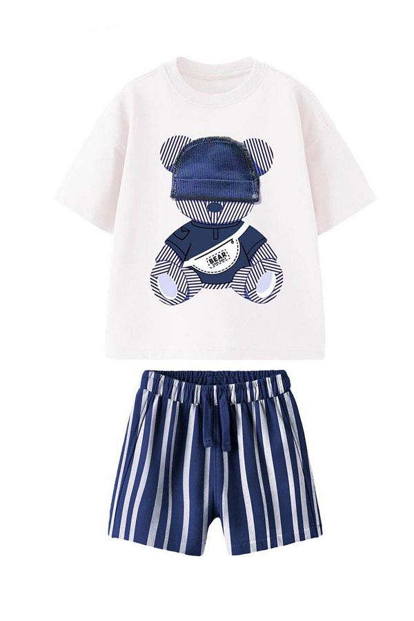 Monila-Boy's Hat Detailed Teddy Bear Printed Cotton Tshirt Shorts Bottom Top Set 1