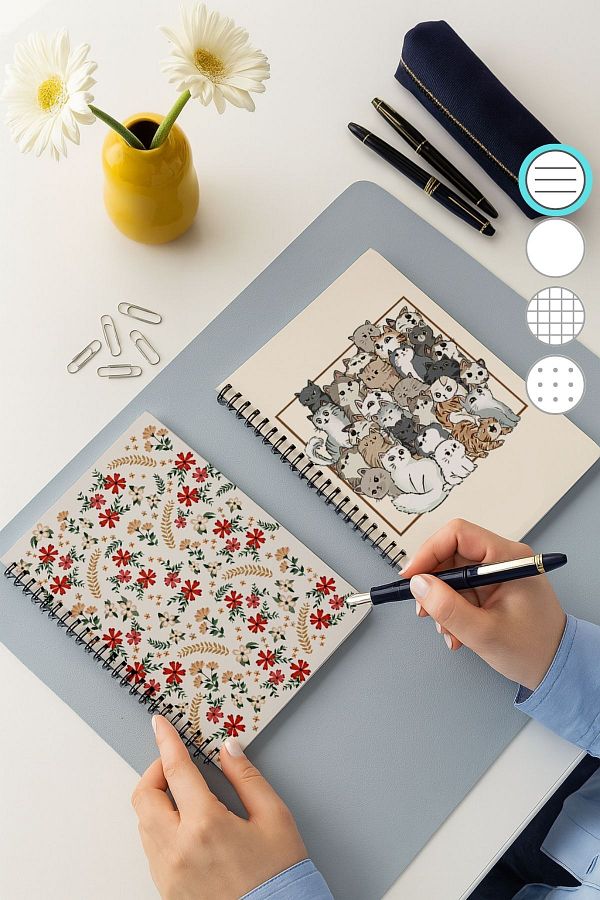 Eldesen Tasarım-Checkered and Striped Notebook Set, A5 Size 50 Sheets 100 Pages Set of 2, with Cat 1