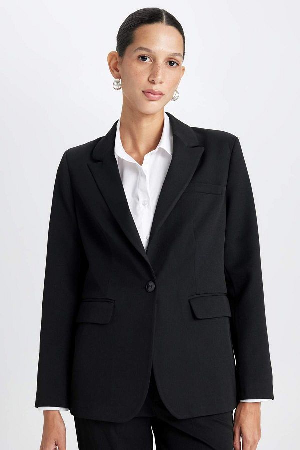 DeFacto-Fitted Jacket Collar Button Basic Plain Blazer Jacket D3157Ax24Wn 1
