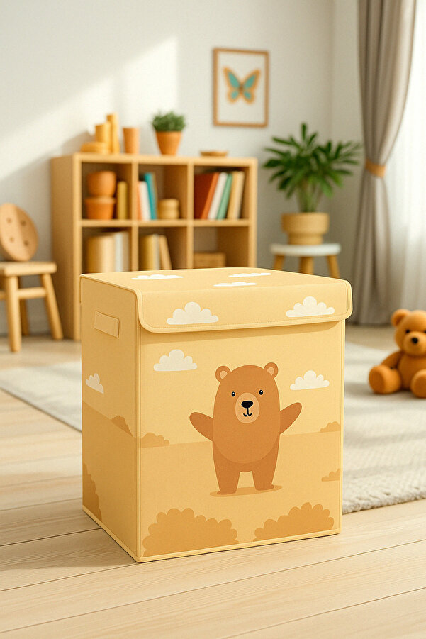 PH Prendi Home Küçük Ayı Çok Amaçlı Kapaklı Oyuncak Çamaşır Saklama Kutusu Katlanır Düzenleyici 30x40x50