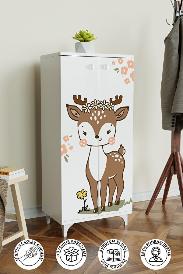 Hediyeler Kapında Little Fawn 3 Raflı Çocuk Odası Dolabı Çok Amaçlı Baskılı Oyuncak Dolabı Beyaz
