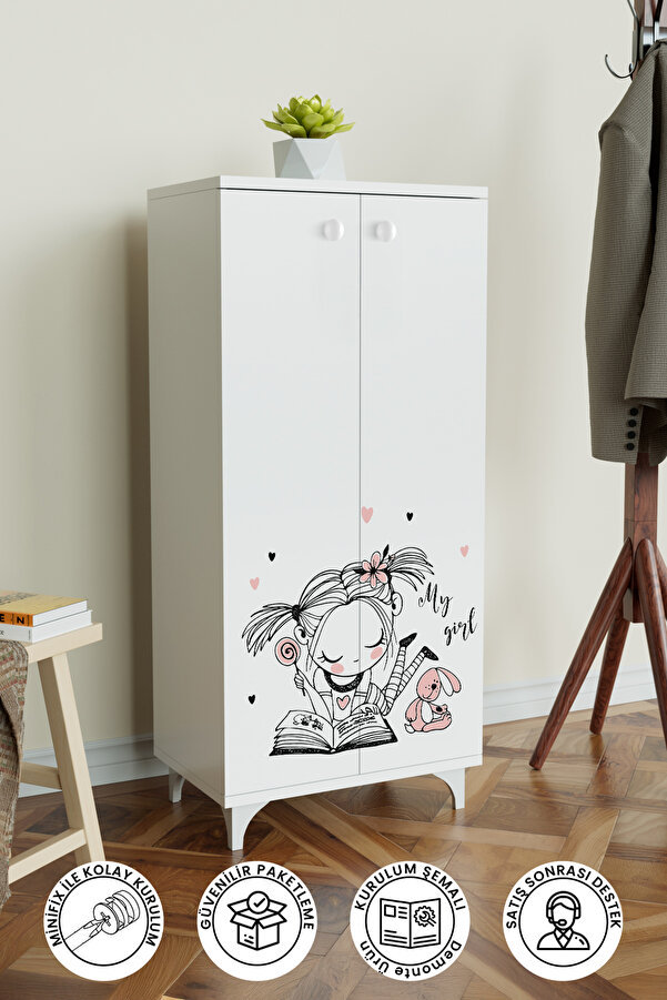Hediyeler Kapında Happy Girl Çocuk Odası Beyaz Dolap 3 Raflı Çok Amaçlı Baskılı Oyuncak Dolabı