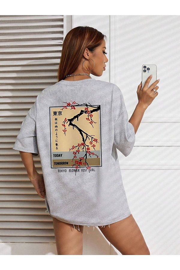 CLAYES-Gray Oversize Crew Neck Short Sleeve Flower Festival T-Shirt 1