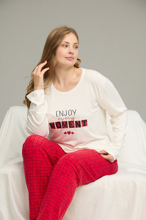 Siyah İnci-Ecru Patterned Curve Large Size Oversized Cotton Pajama Set25240791 1