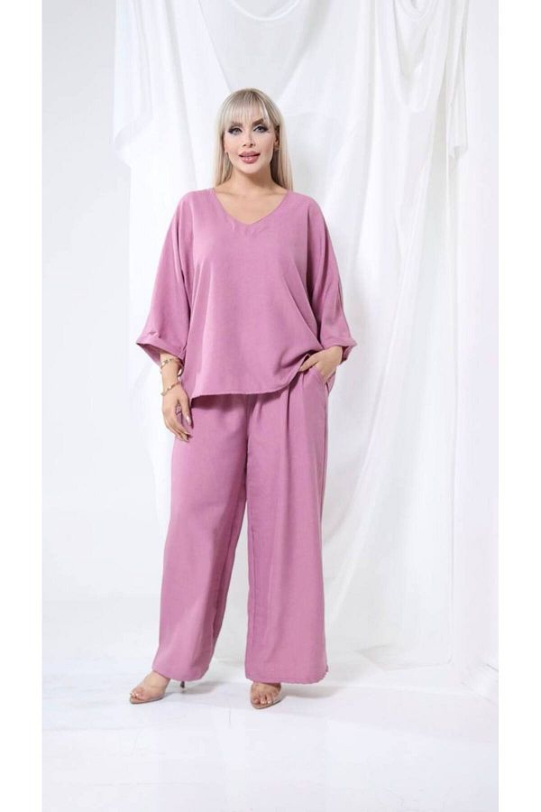 garajmood-Plum Linen Fabric Wide Comfortable Fit V-Neck Bottom Top Set 1