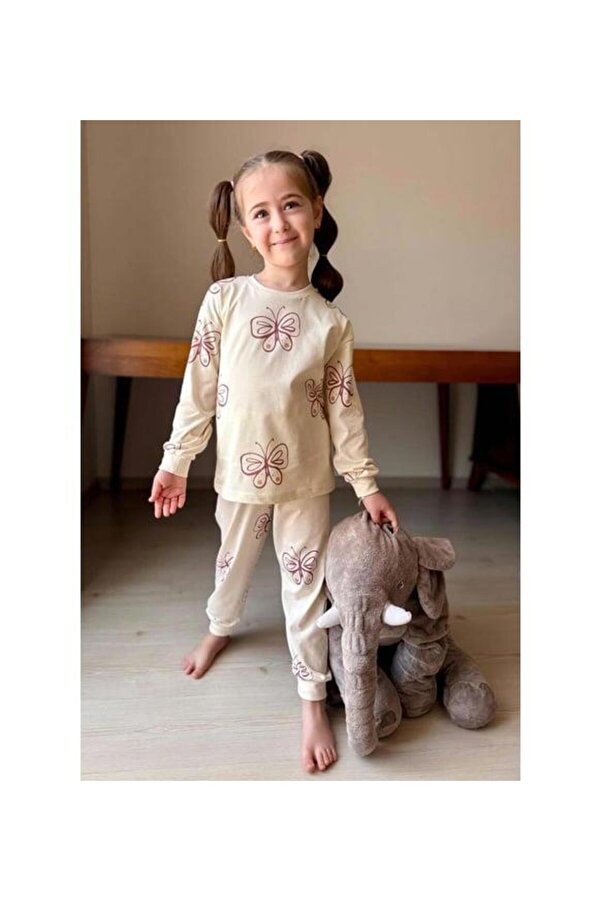 RAPAPA Kız Çocuk Uzun Kollu Bilekleri Manşetli Kelebek Desenli Krem Pijama Takımı 3213