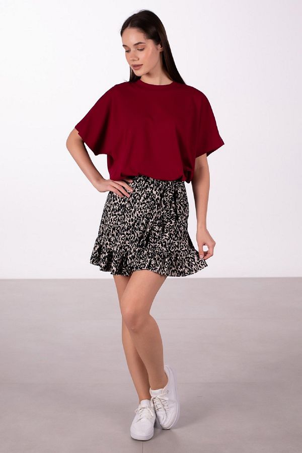 OIL PARK-Leopard Patterned Side Ruffle Lycra Wrap Mini Skirt with Elastic Waist and Tie Detail 1