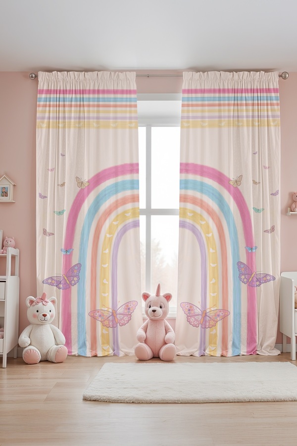 Evpanya Kelebekli Gökkuşağı Desenli Çocuk Bebek Odası Fon Perde (Tek Kanat Fiyatlandırma)