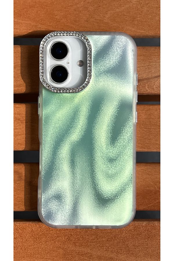 EDELFU-Satin Wave Texture Case for iPhone 16 - Cover with Rhinestone Camera Frame, Glittering Dust Effect 1