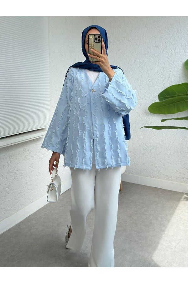 Modamorfo-Fringed Single Button Square Patterned Kimono - Baby Blue 1