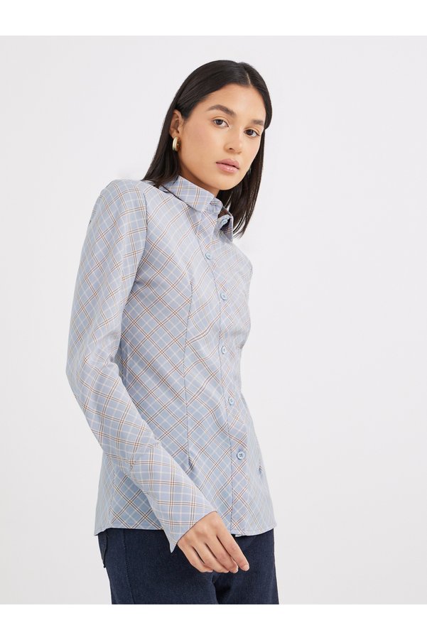 Styli Women Blue Plaid Fitted Shirt