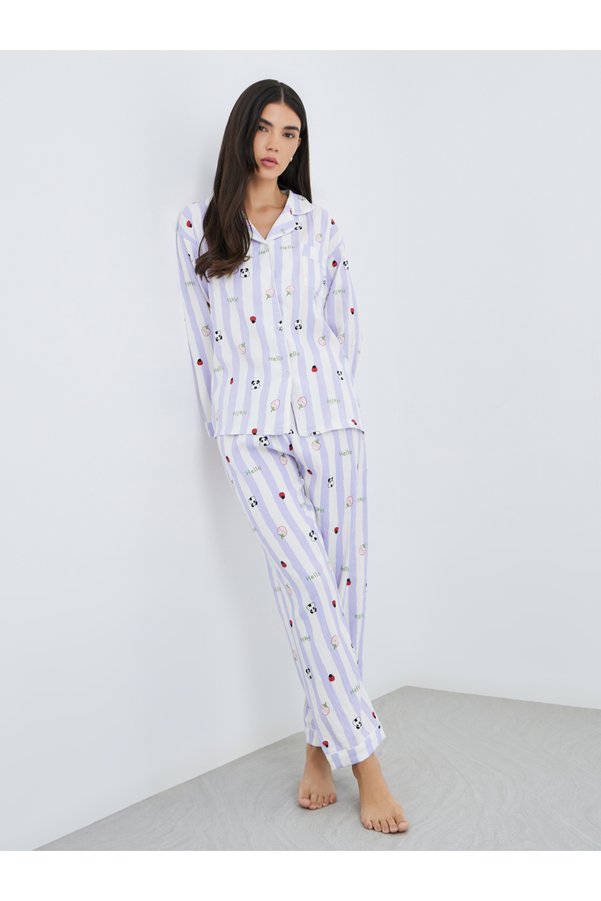 Styli Striped Graphic Print Cotton Shirt and Pyjama Set