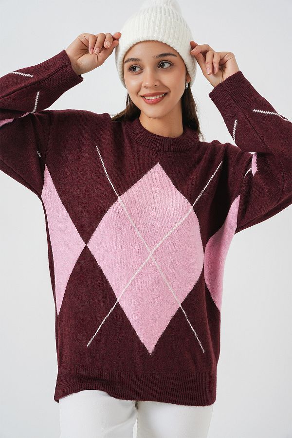 Bigdart-15895 Diamond Patterned Oversize Sweater - Claret Red 1