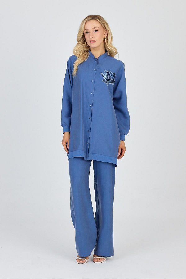 Zühre-Blue Double Suit with Stand Collar Processing Detail Tk-1610 1