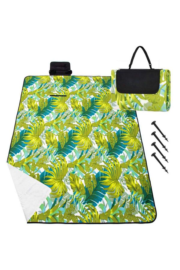 SERSIMO-Picnic or beach blanket, with insulating foil and handle, 200x200cm, leaf pattern, green 1