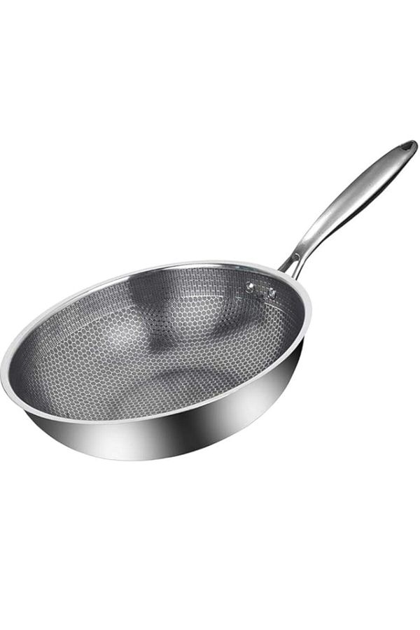 Generic-ZLASS Stainless Steel Wok, round bottom non-stick honeycomb wok with anti-scalding handle, suitable 1