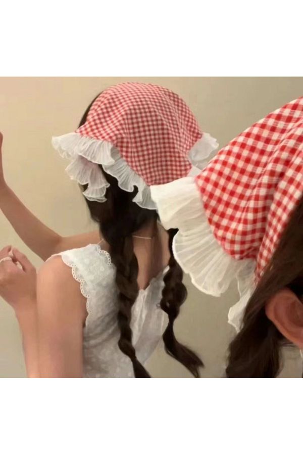 REBORN DESIGN-Red Gingham Patterned Bohemian Crown with Ruffle Detail 1