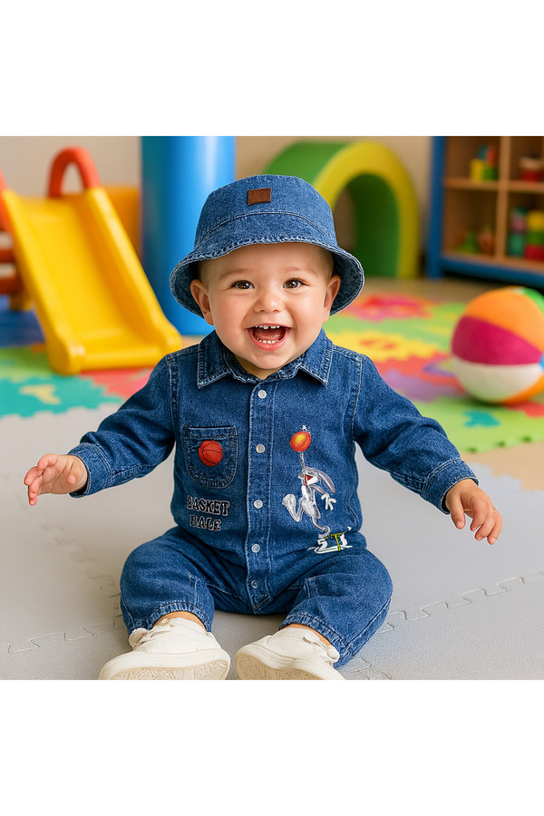 CROCODAYS Unisex Çocuk Bebek Kot (JEANS) Baskılı Şapkalı Tulum (3/6/9/12/18/24) Ay