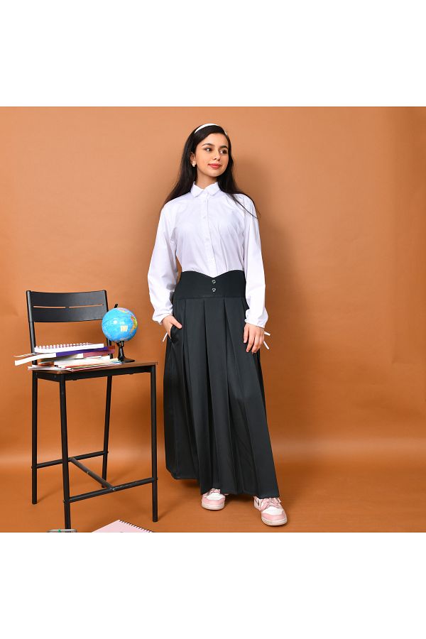 HAWRAA-High-waisted school skirt with buttons and wide pleats and hidden pockets (olive) 1