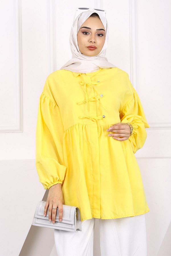 İmajButik-Dark Yellow Sleeve Elastic Front Buttoned Tunic 1