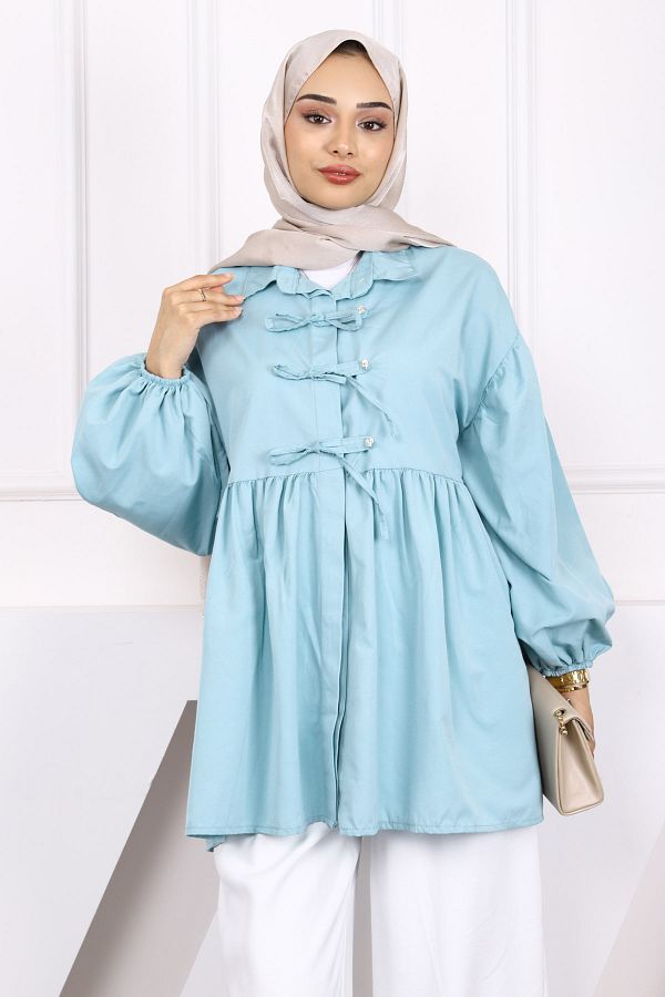 İmajButik-Mint Green Sleeve Elastic Front Buttoned Tunic 1