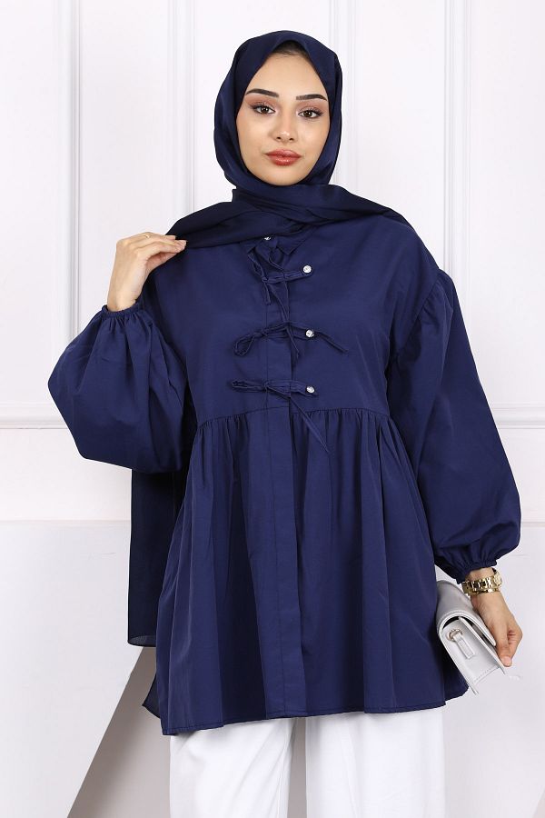 İmajButik-Navy Blue Sleeve Elastic Front Buttoned Tunic 1