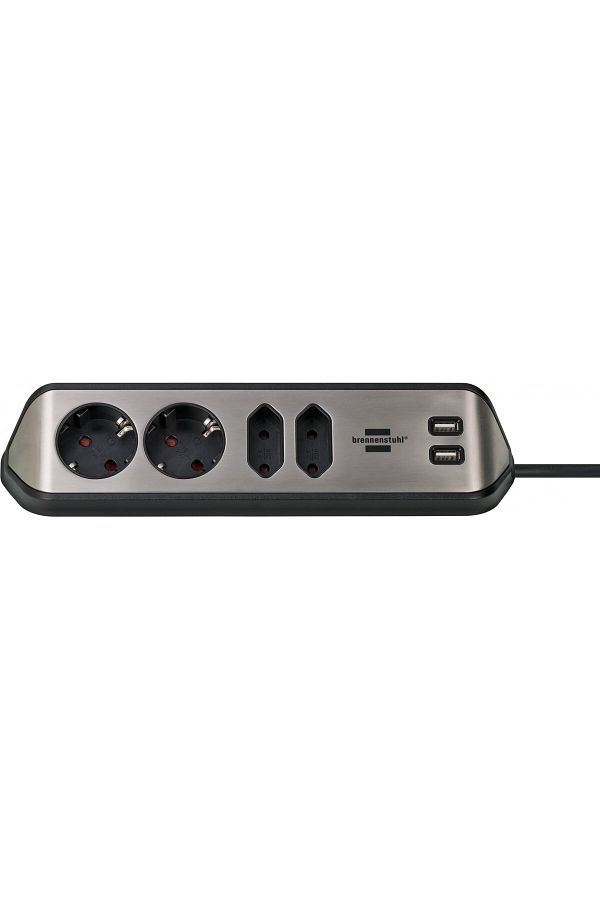 Brennenstuhl-Prelungitor pentru perete colt Estilo 4 prize, 2 USB, 3.1 A, 2m Inox, Adeziv inclu 1