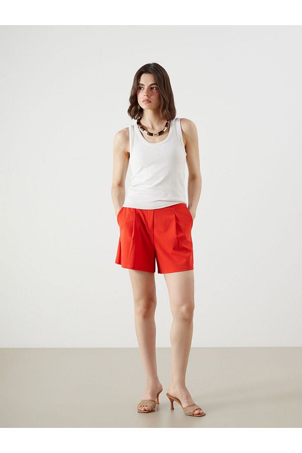 LC Waikiki-Sparkling Selections from Shining Store |   Red Elastic Waist Pleated Women's Shorts 1