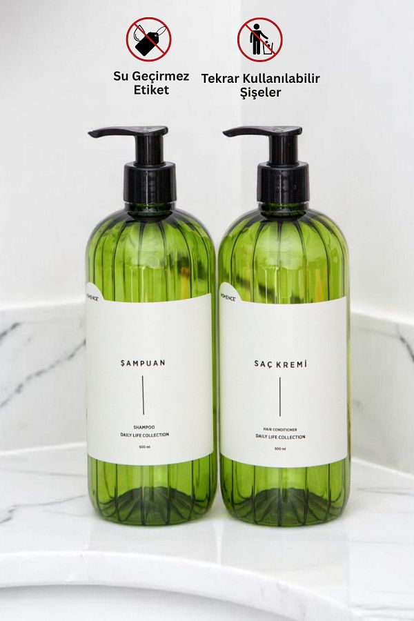 homence-Σετ 2 Σαμπουάν Conditioner Ετικέτα Πλαστικό Μπουκάλι Σετ Πράσινο Δοχείο Σαπουνιού 500 ml 1