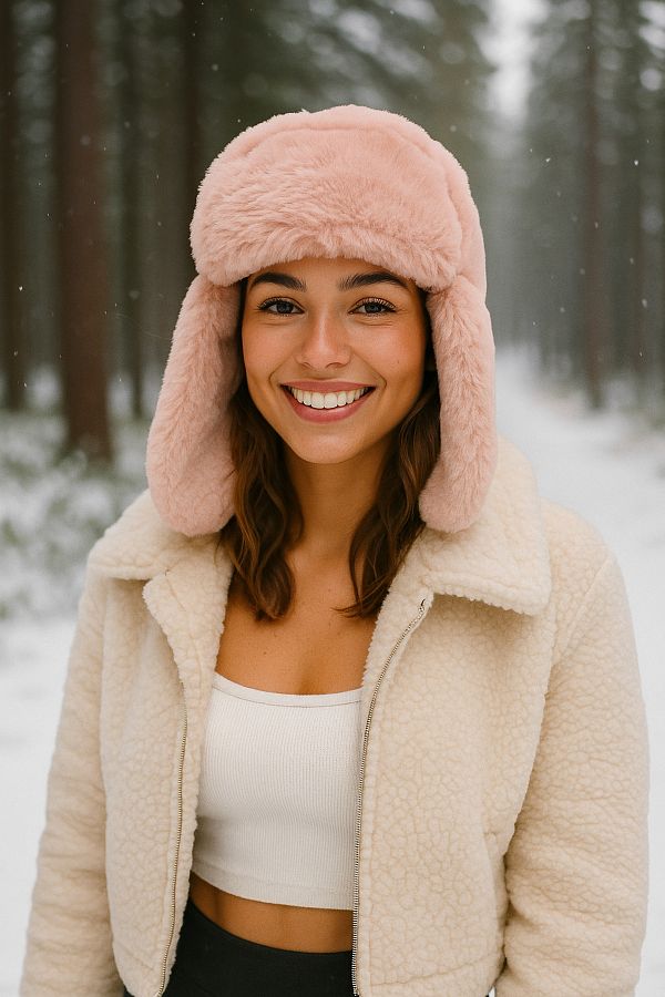Luminos Butik-Pink Plush Earmuff Beanie for Comfortable Cold Weather - Soft Furry Texture Beanie1127 1