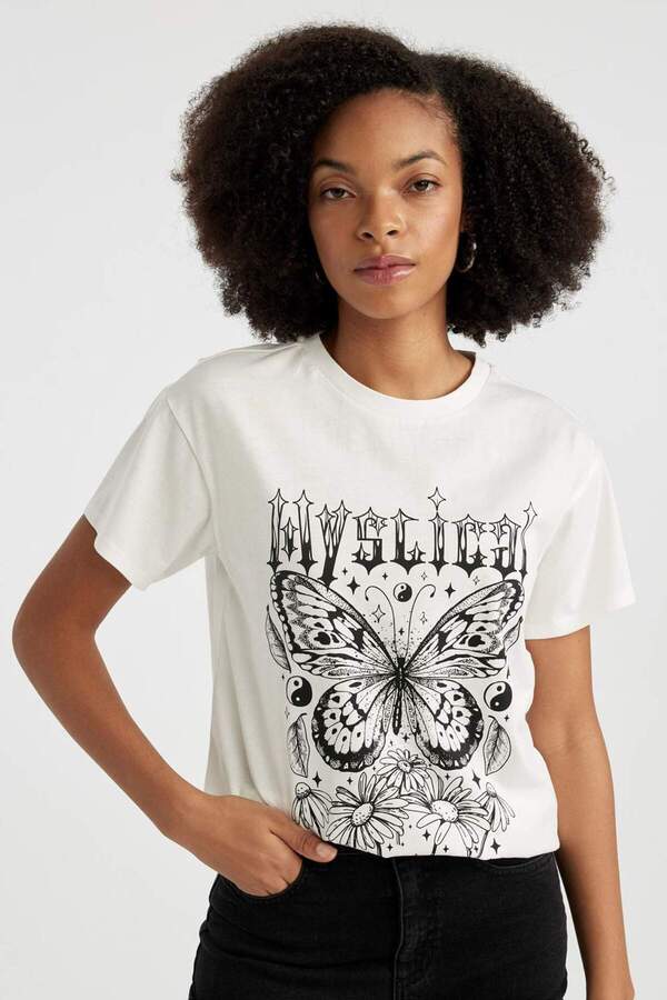 DeFacto-Tricou cu mânecă scurtă imprimat cu decolteu rotund B6754AX24SM 1