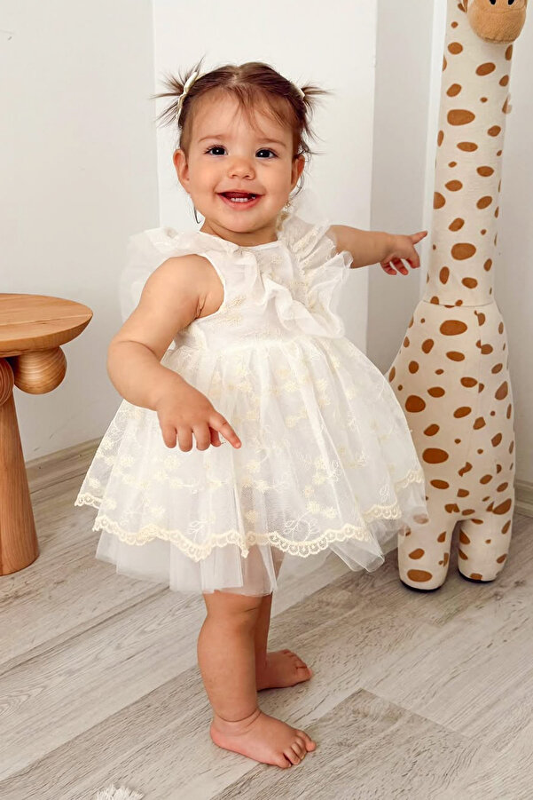 Baby Animals Kız Bebek Kız Çocuk Doğum Günü Parti Düğün Elbise Kısa Kol Bandanalı Dantelli Astarlı Romper