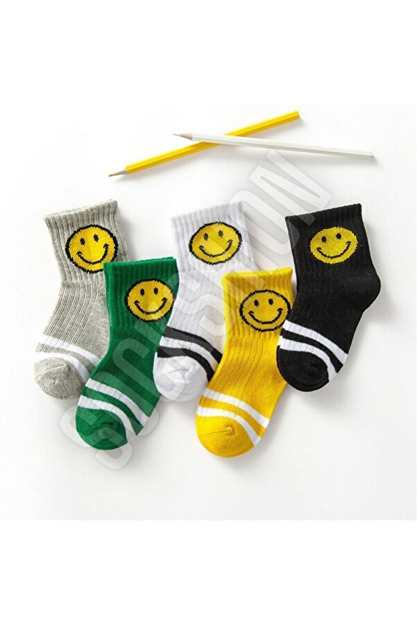 SOCKSHION Çocuk Emoji Desenli Çok Renkli Uzun Çorap Seti 5'li Paket