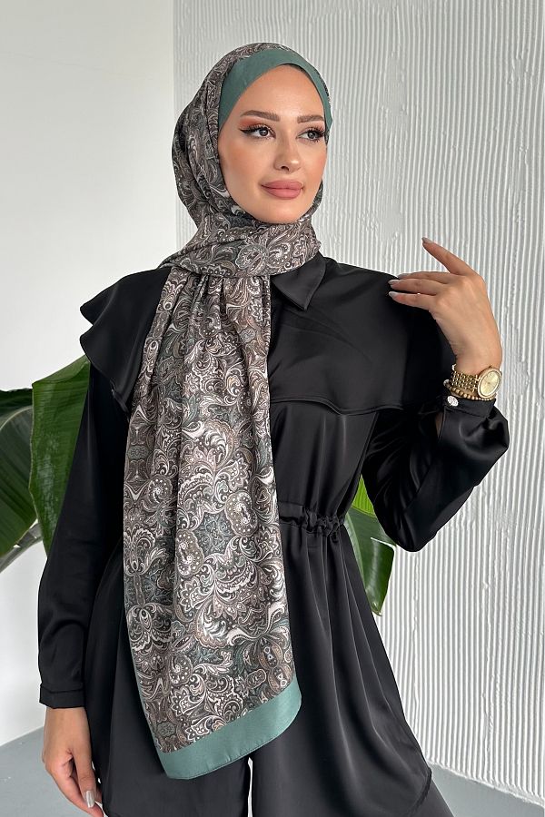 Stella Eşarp-شال ناعم من القطن ذو لون أخضر بنمط عرقي عتيق 1