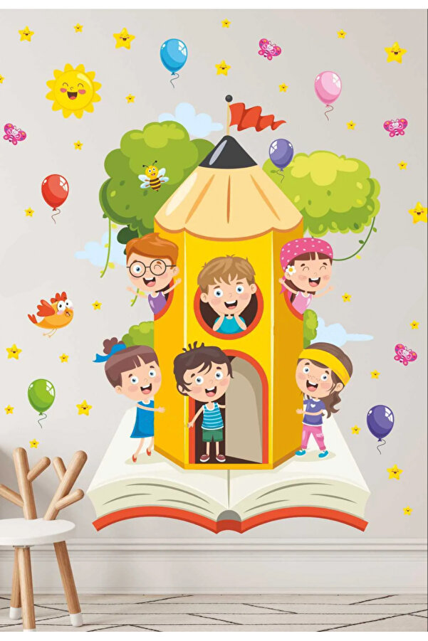 Sim Tasarım Kitap Kalem Ağacı Ve Çocuklar Anaokulu Okul Çocuk Odası Kreş Duvar Kapı Cam Sticker Seti