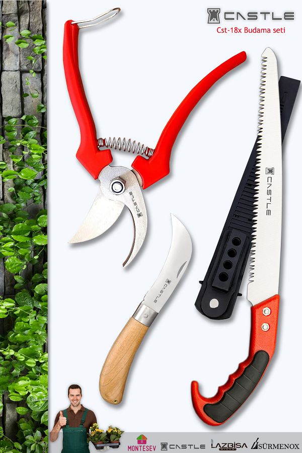 LAZBİSA-Cst-18X Pruning Shears Pruning Saw and Rustic Pocket Knife Blade Garden Set Set of 3 1