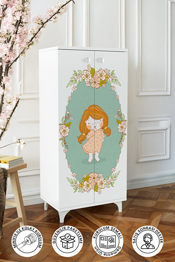 hediye kapında Adorable 3 Raflı Çocuk Odası Oyuncak Dolabı Çok Amaçlı Baskılı Dolap-beyaz