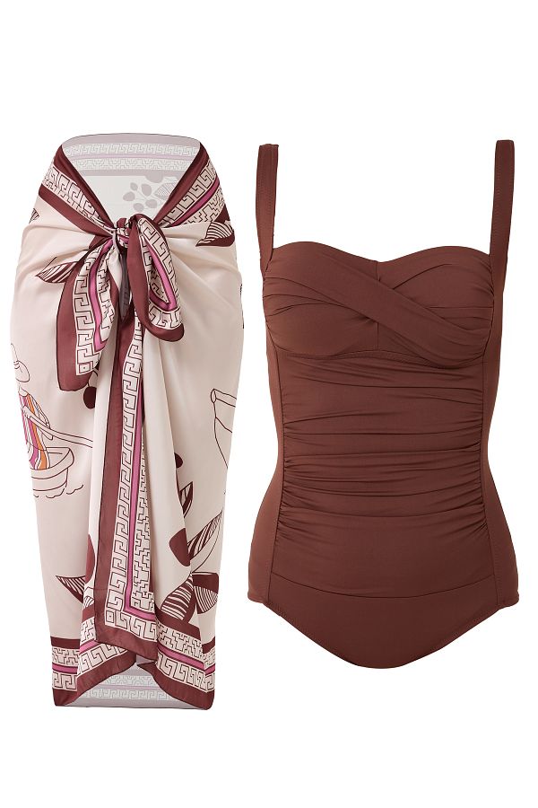 Paragon-Set of 2 Gathered Draped Swimsuit Pareo with Breast Pad, Adjustable Strap, Stylish and Slimming Effect 1