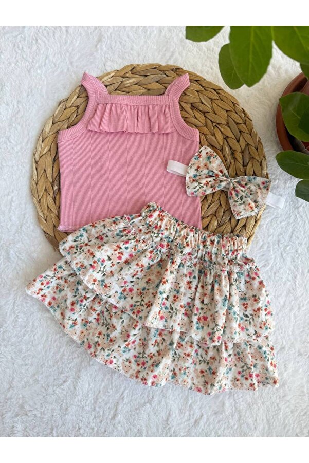 AKİF GİYİM KIZ ÇOCUK FLORAL ÇİÇEK DESENLİ FIRFIRLI ETEK BLUZ BANDANA TAKIMI