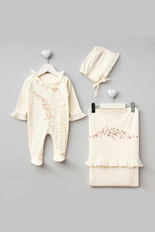 Sitilin Kız Bebek % 100 Pamuk Natural Çiçek Nakışlı Dantel Detaylı 3'lü Hastane Çıkışı Seti STL7078